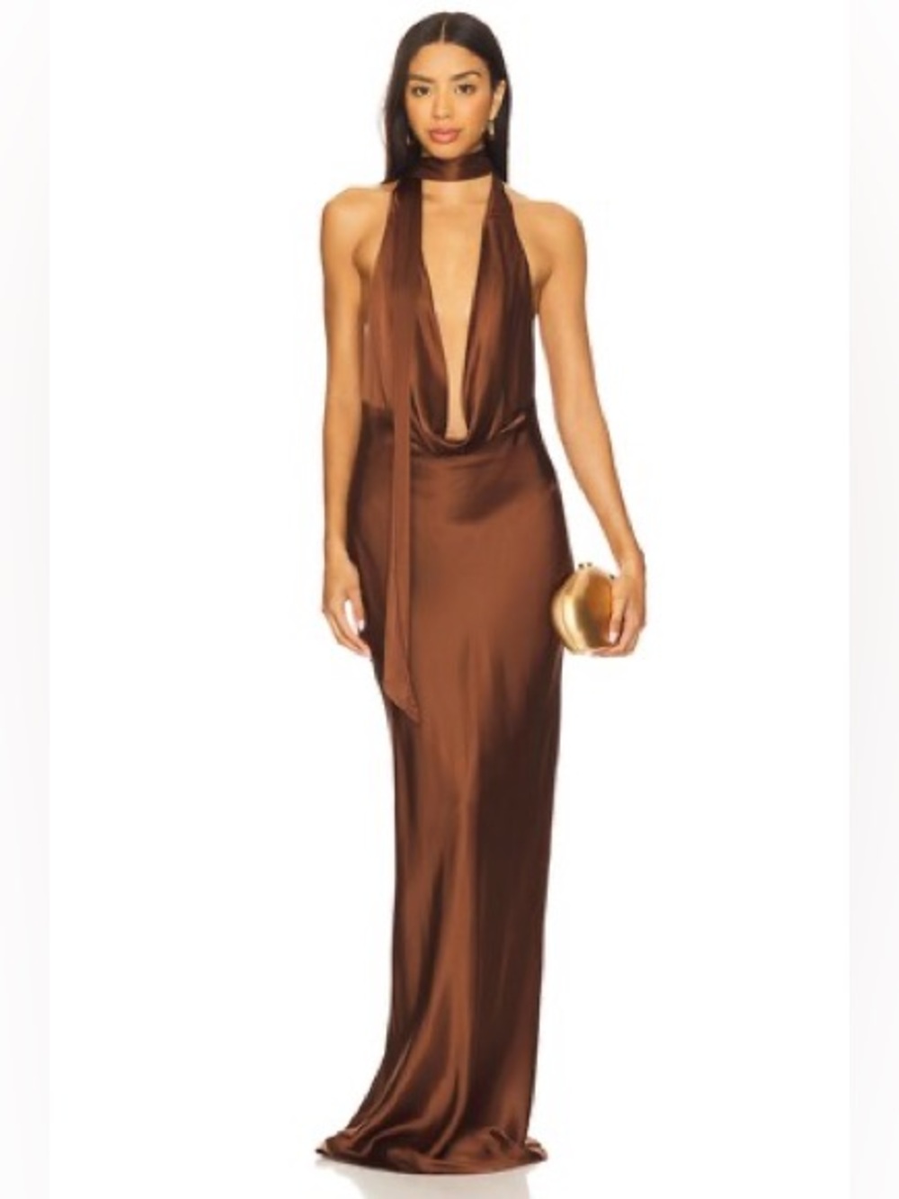 NBD Chocolate Brown Satin Halter Maxi Dress